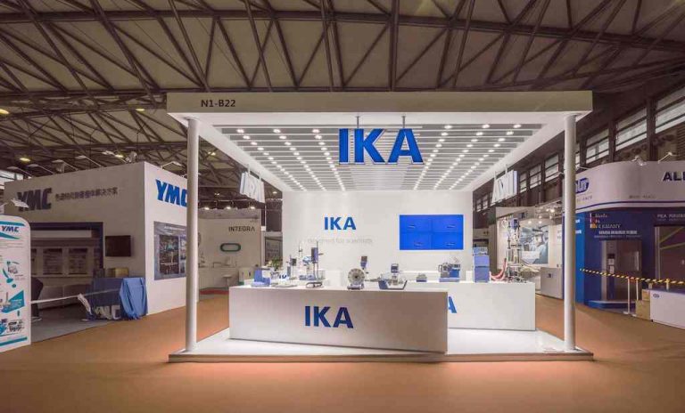 white exhibit booth - well lit booth - technical display - IKA tradeshow booth in China by petrol design